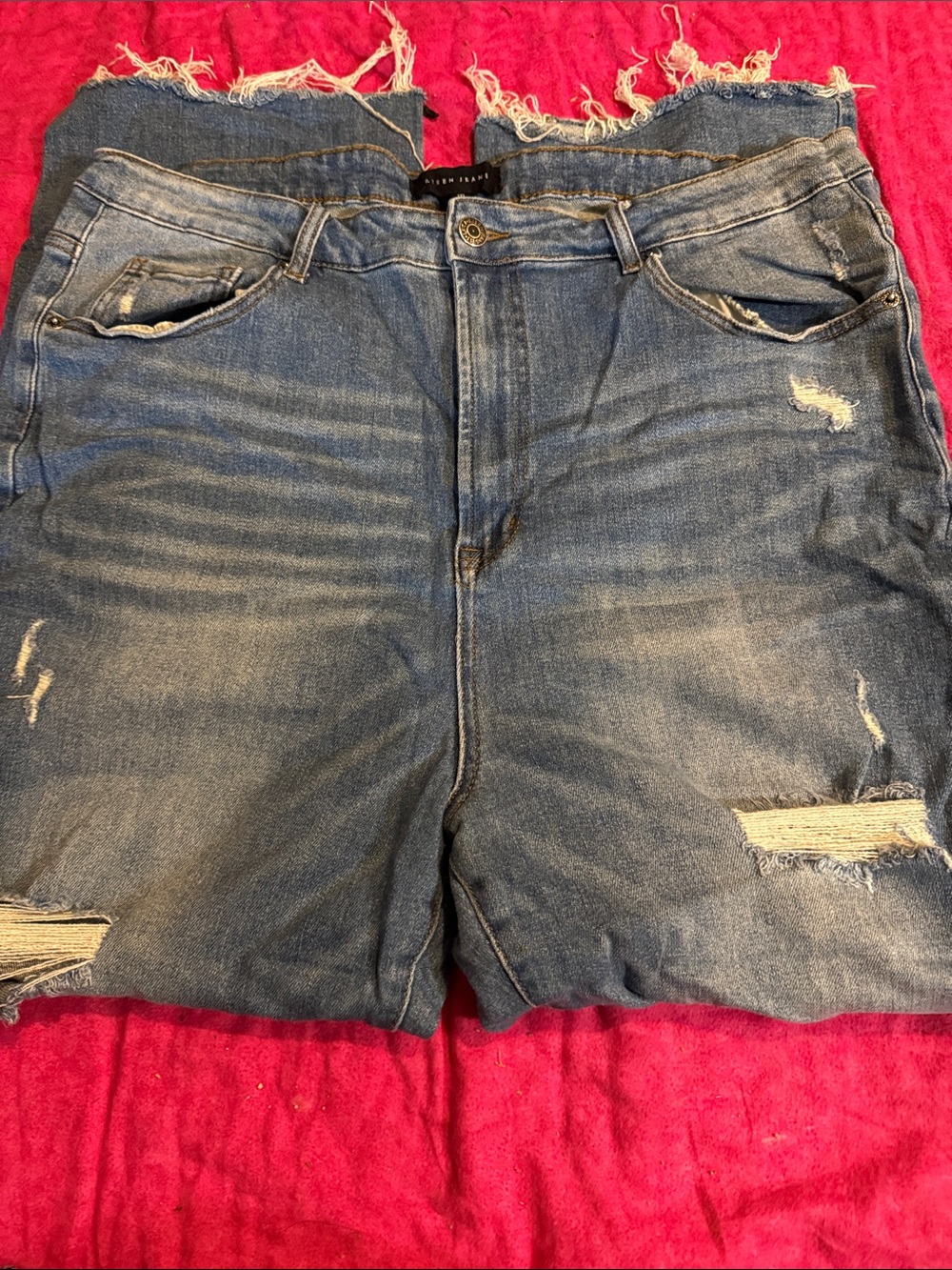 Frayed Hem Distressed Blue Boot Cut Jeans